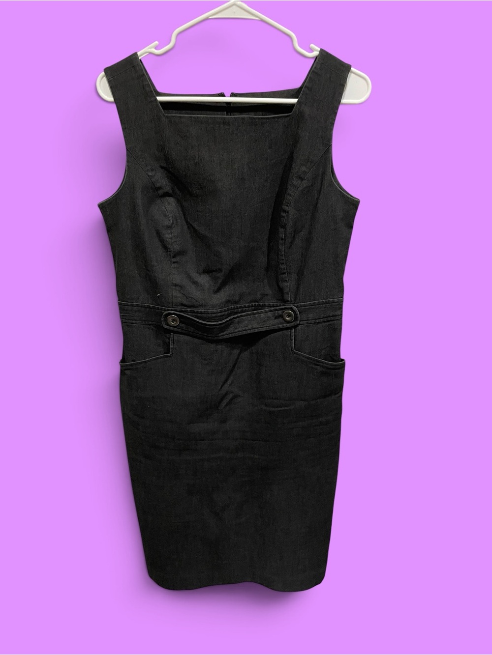 Cute 90s charcoal denim stretch square neck jumper pockets sheath dress twee